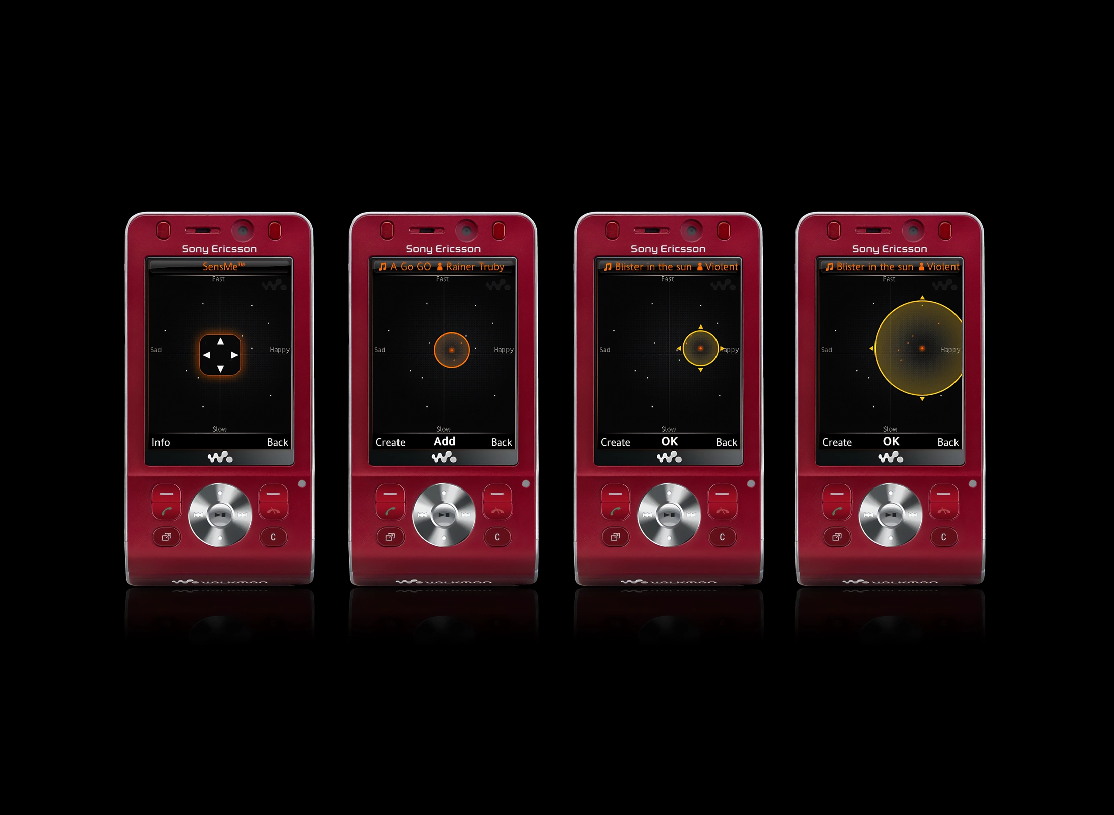 Four red Sony Ericsson Walkman phones showing different stages of the SensMe mood music feature on their screens with mood maps labeled Sad, Happy, Fast, and Slow.