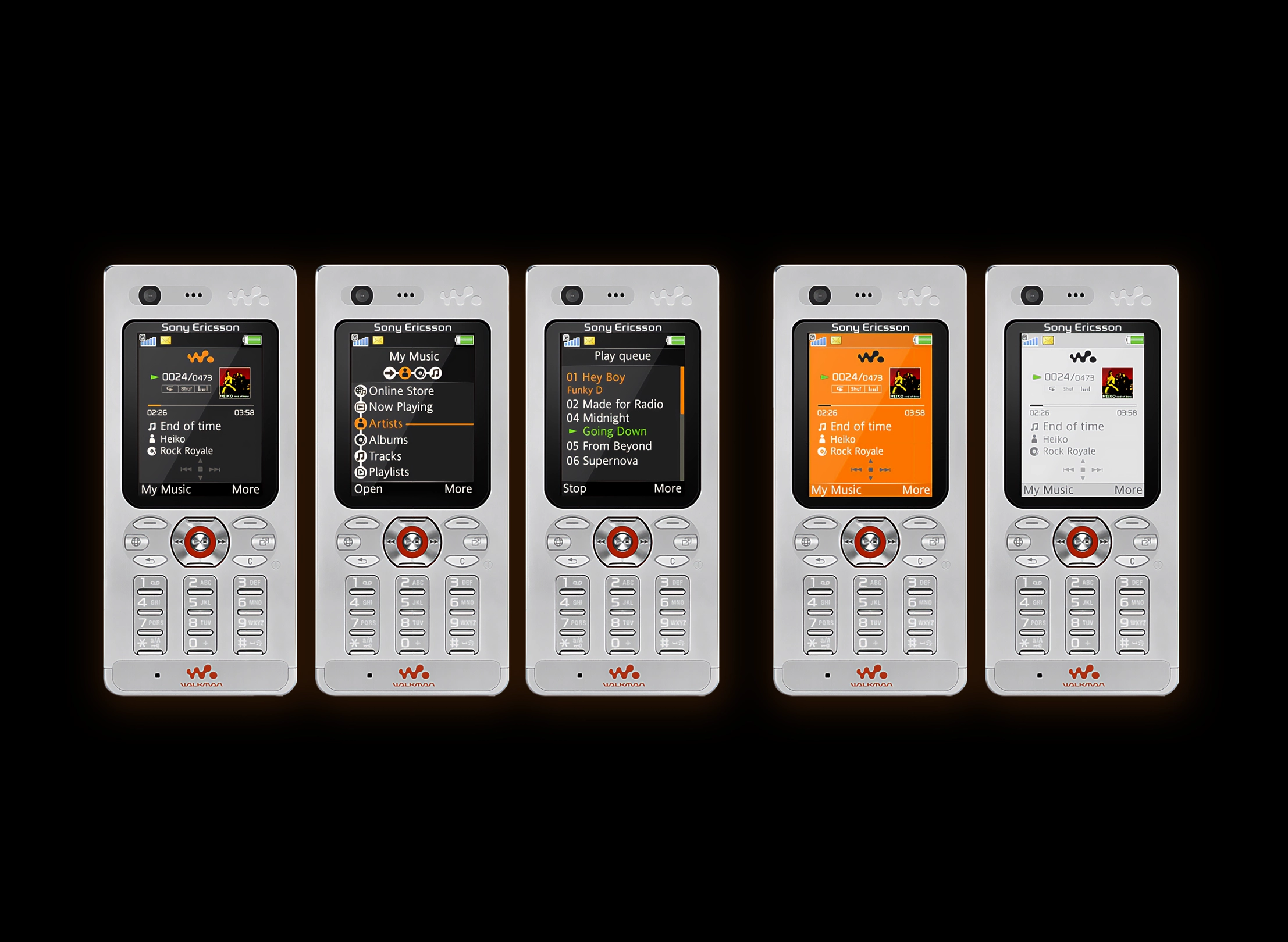 Five silver Sony Ericsson Walkman phones displaying different music player screens with song and playlist details.