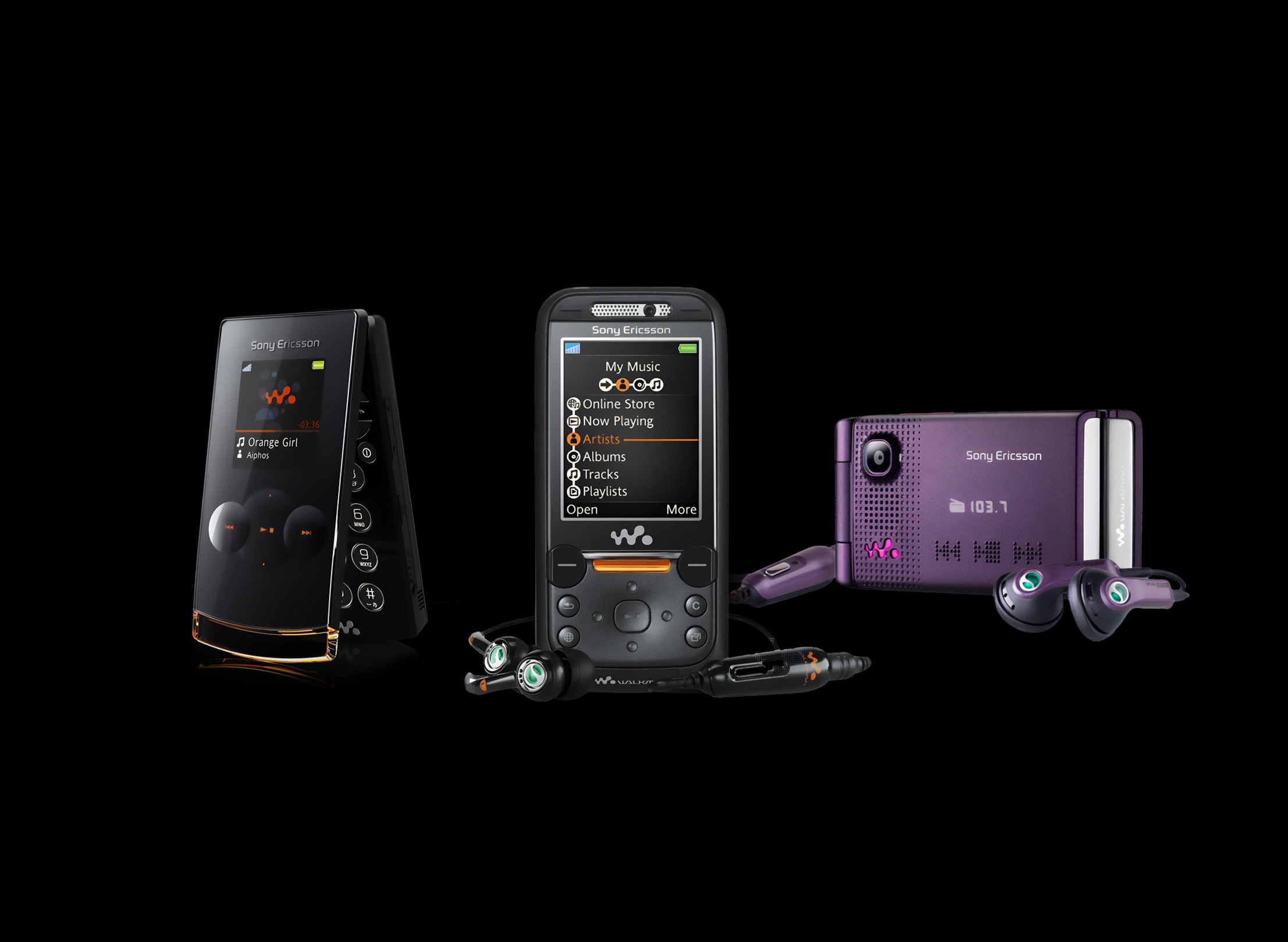 Three Sony Ericsson Walkman mobile phones with music playback screens and attached earphones against a black background.