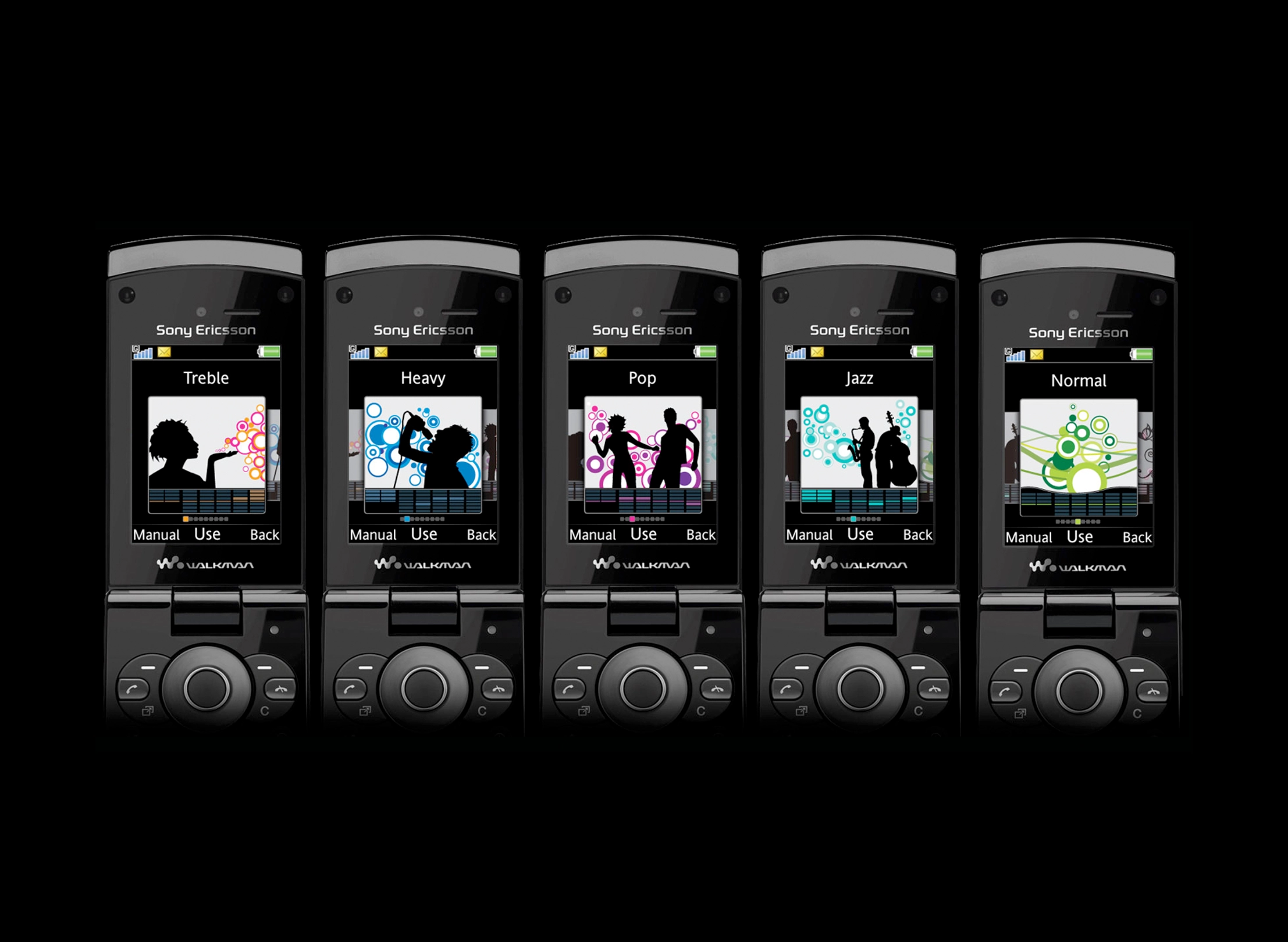 Five Sony Ericsson Walkman flip phones showing different equalizer settings: Treble, Heavy, Pop, Jazz, and Normal, each with unique silhouette artwork.