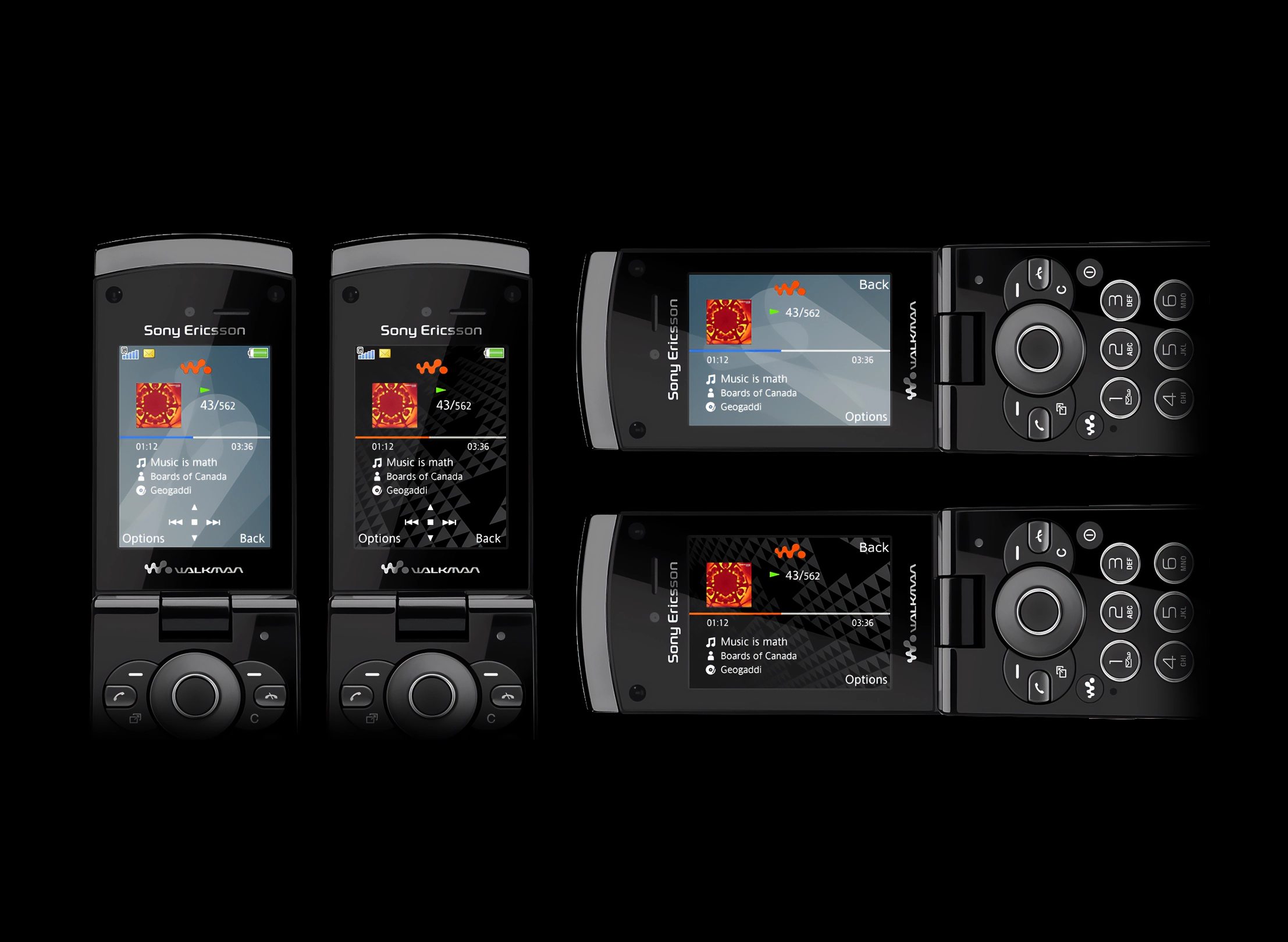 Sony Ericsson Walkman flip phones displaying music player screen playing 'Music is math' by Boards of Canada.