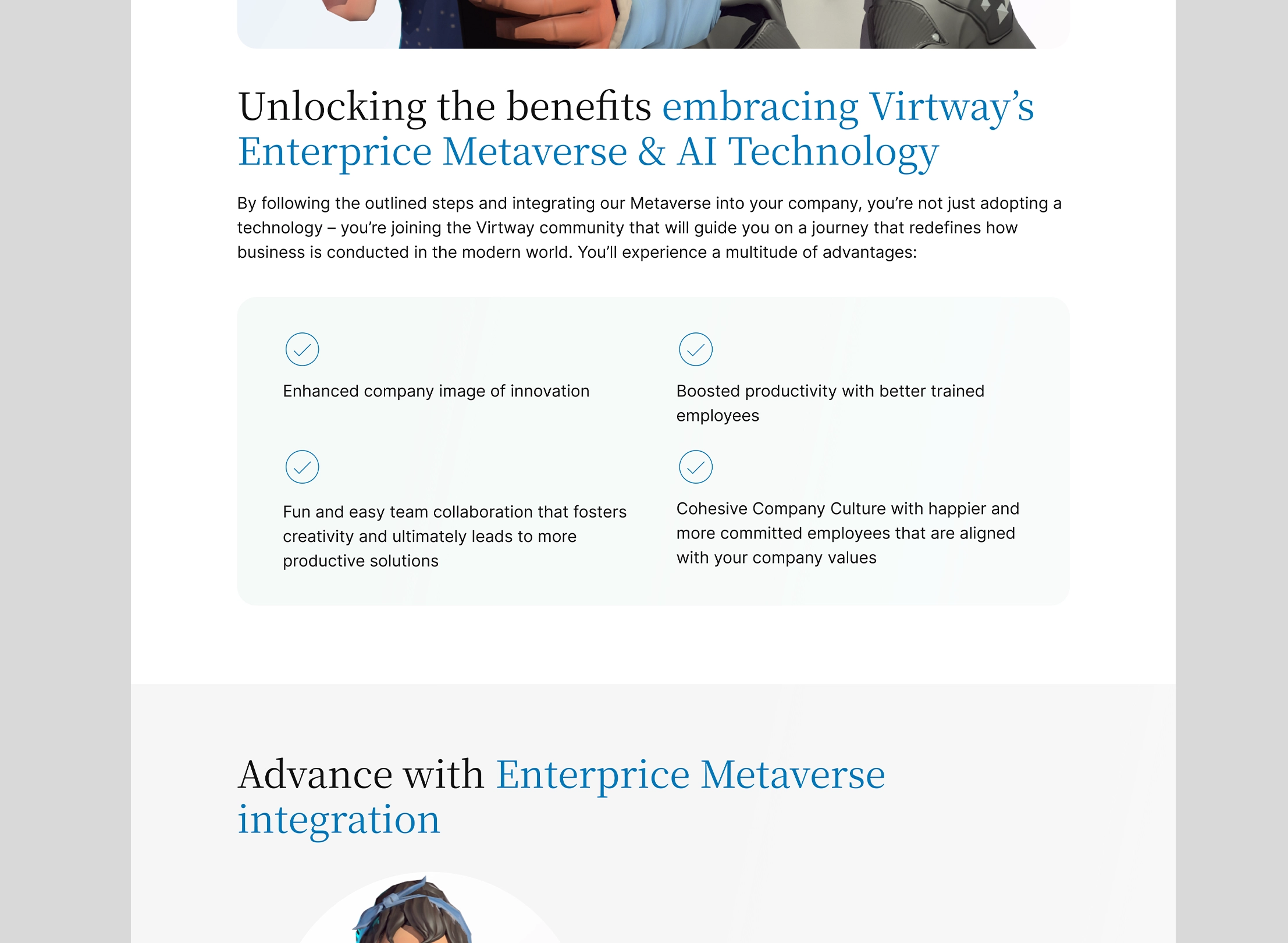Webpage section titled 'Unlocking the benefits embracing Virtway’s Enterprice Metaverse & AI Technology' listing advantages such as enhanced company image, boosted productivity, team collaboration, and cohesive company culture.