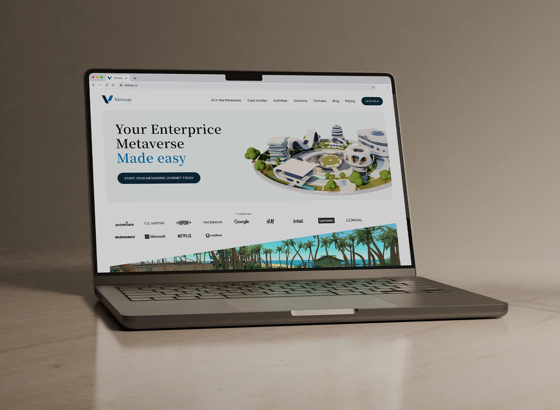 A computer with a image of Virtways home page.