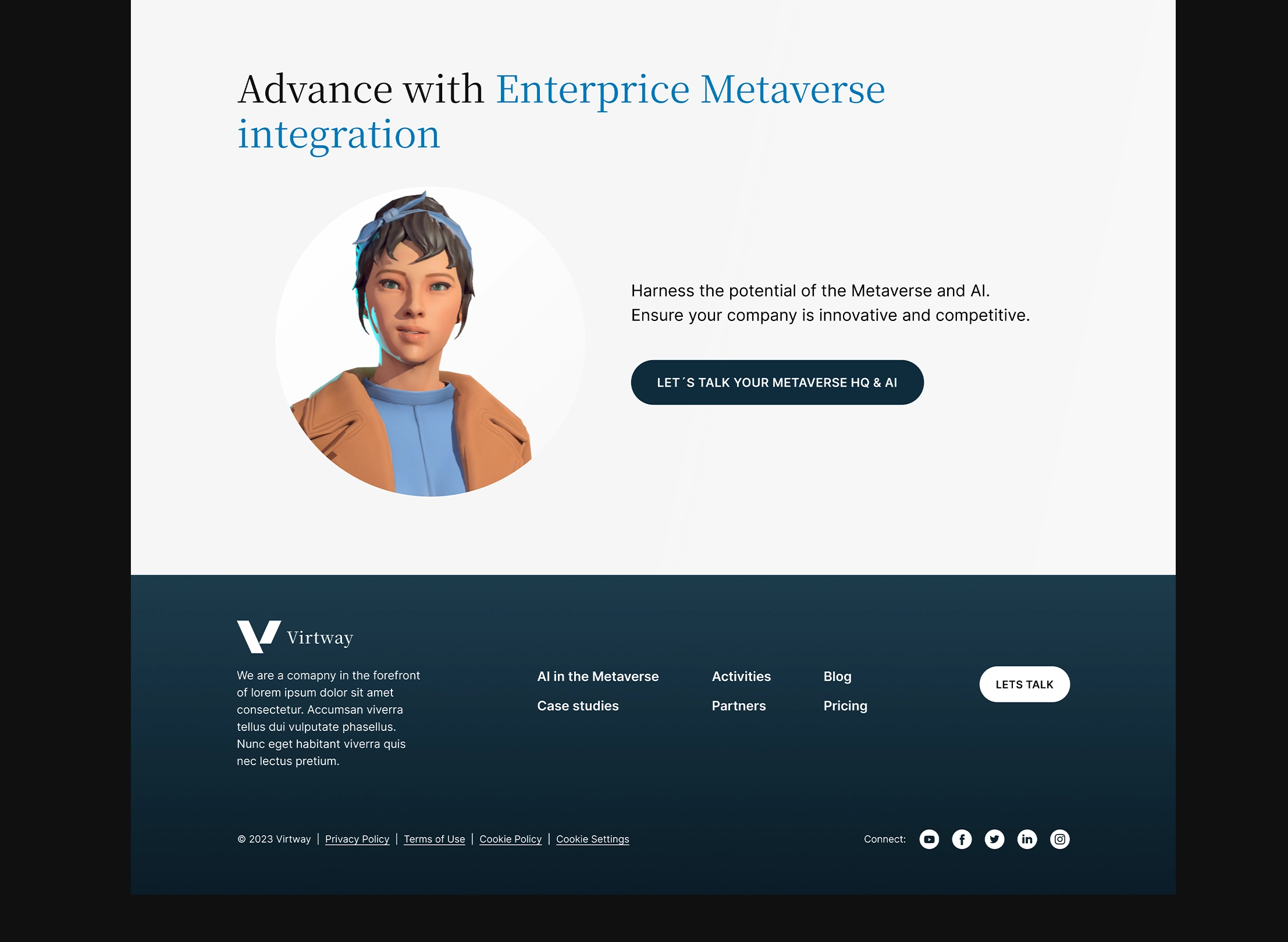 Webpage section with text about Enterprice Metaverse integration, a 3D female avatar, and a call-to-action button to talk about Metaverse HQ and AI.