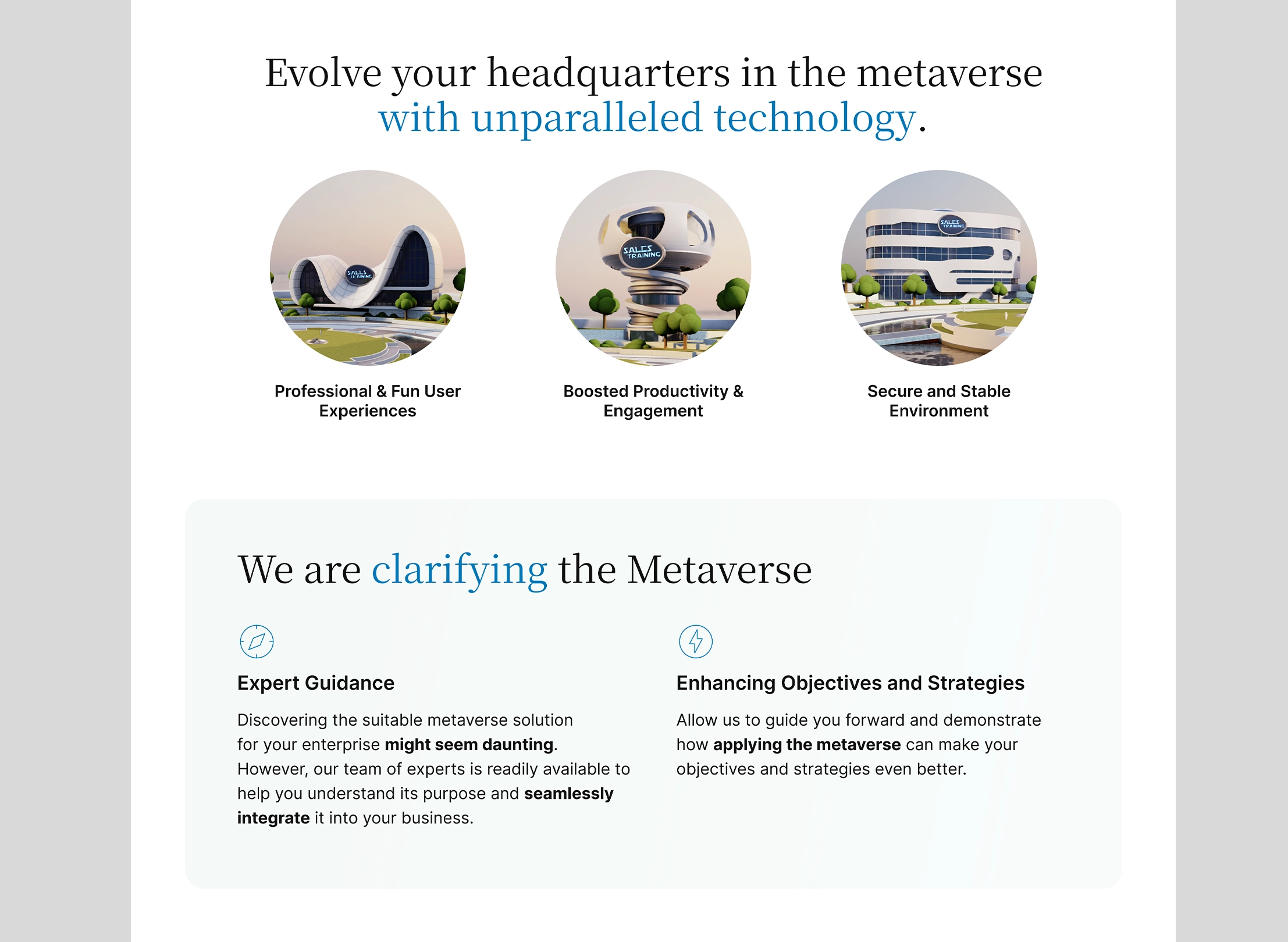 Text promoting metaverse headquarters with three futuristic building icons labeled for user experiences, productivity, and environment, plus sections on expert guidance and strategic objectives.