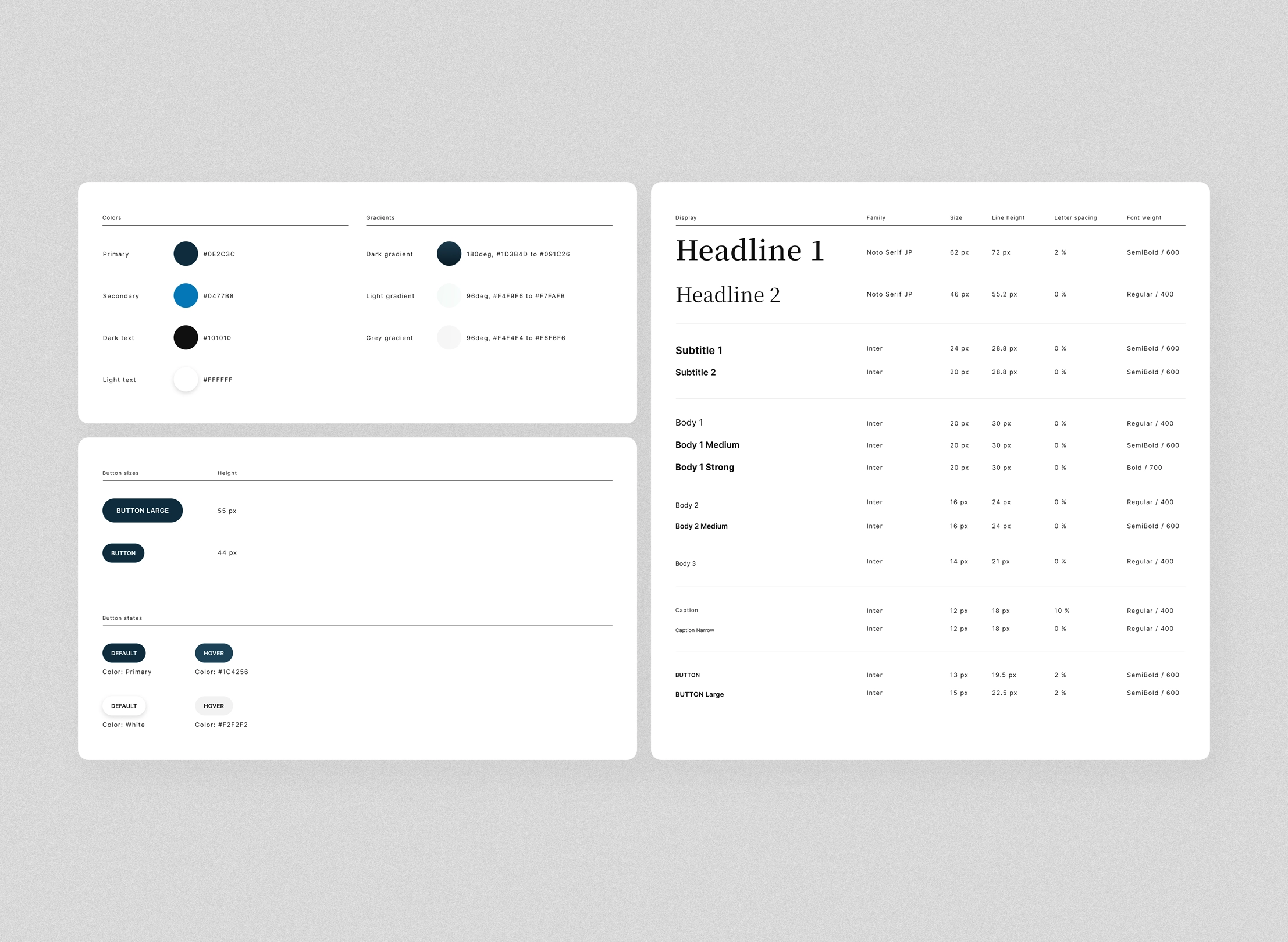 Style guide showing color palette, gradients, button sizes and states, and typography details including font family, size, line height, letter spacing, and font weight.