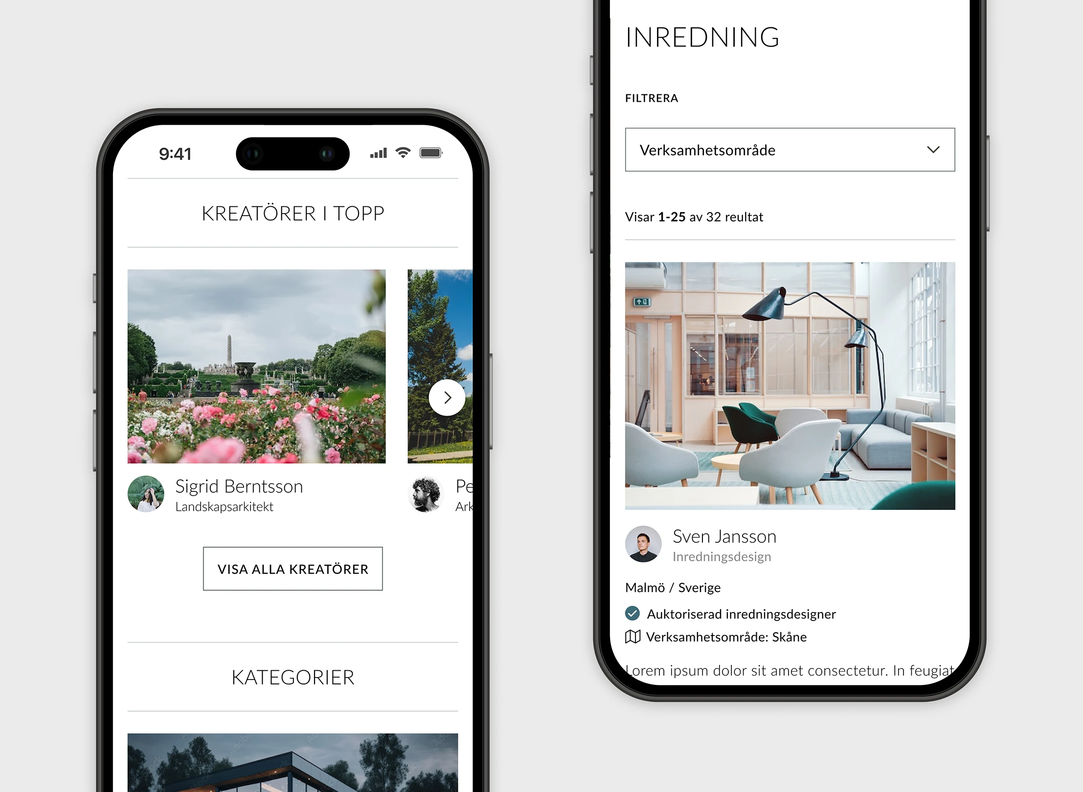Two smartphones display Swedish app screens featuring top creators and interior design listings with profile photos and images.