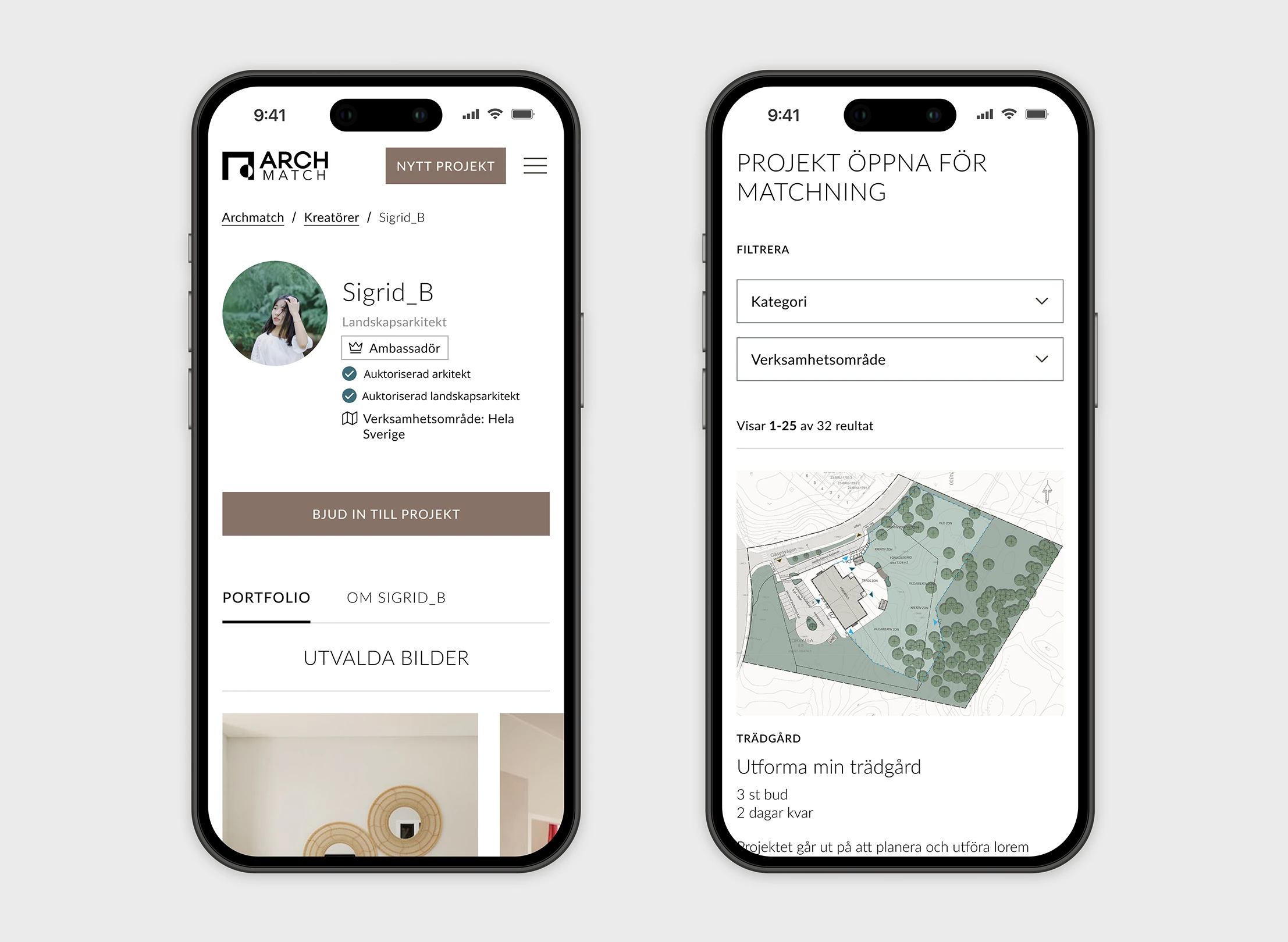 Two smartphones showing a profile on the left with a landscape architect named Sigrid_B and project filtering options on the right including category and work area with a map preview.