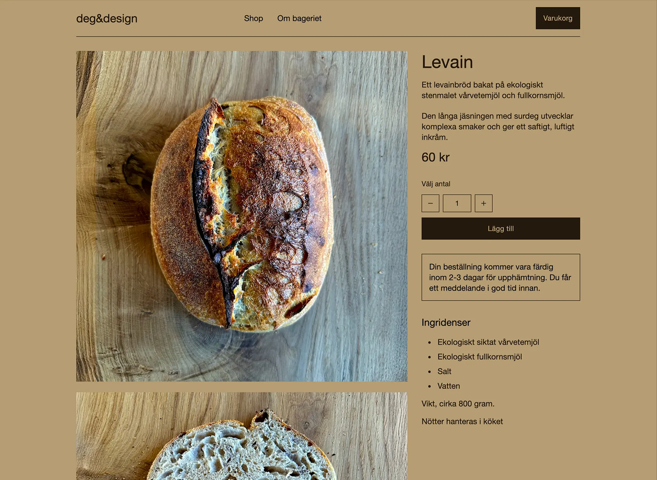 Rustic sourdough bread loaf on wooden table with product description and price in Swedish.
