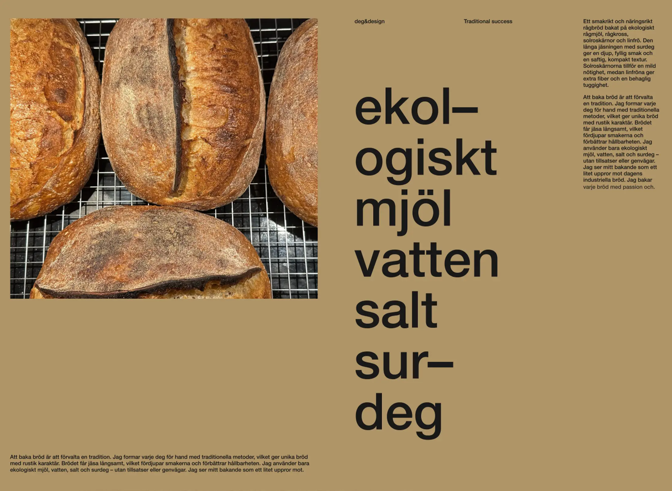 Four rustic loaves of sourdough bread on a wire cooling rack next to Swedish text about traditional organic baking ingredients including flour, water, salt, and sourdough.