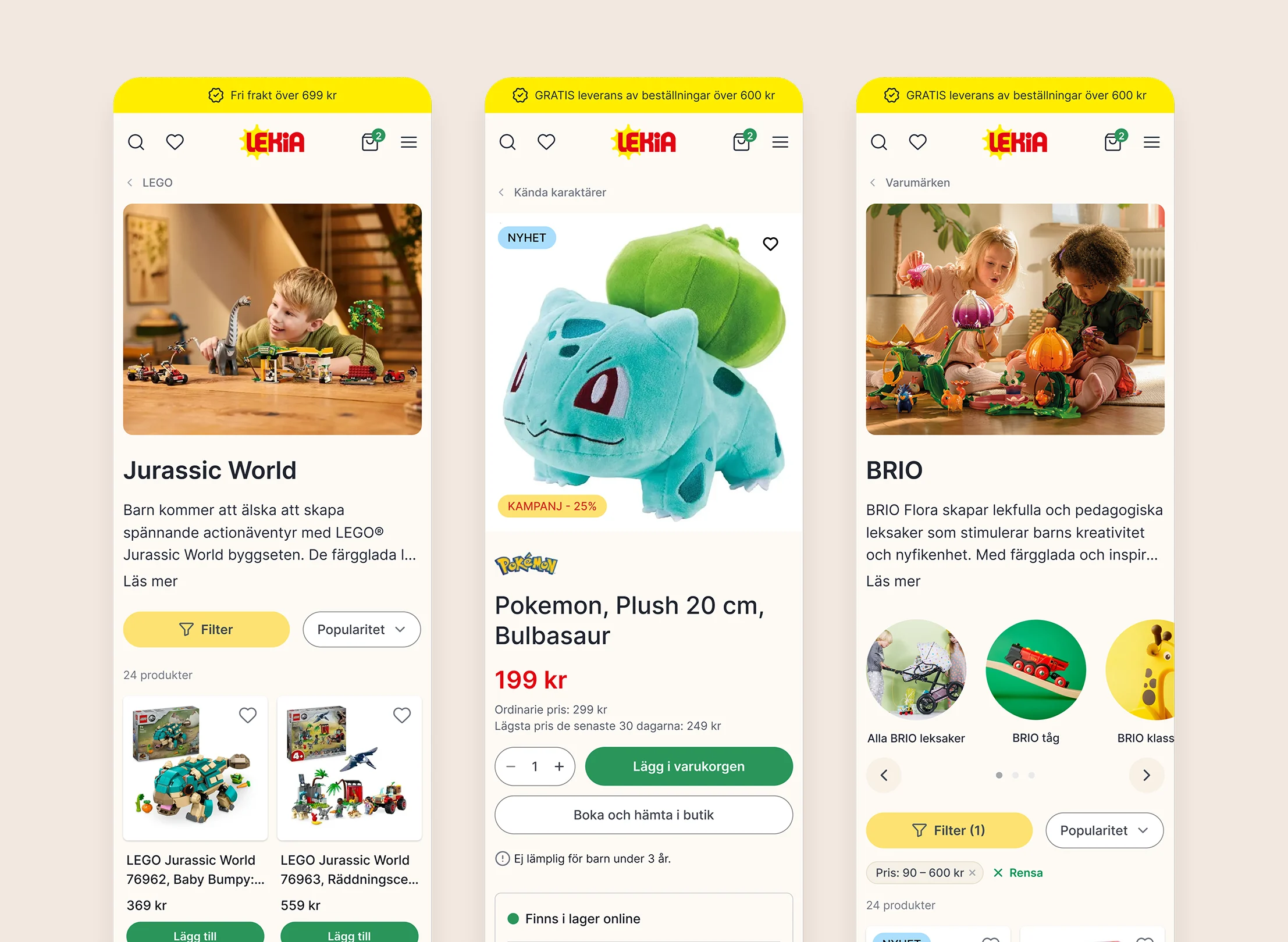 Two mobile screens from Lekia website showing a Bulbasaur plush toy priced at 199 kr and a BRIO toy brand page with children playing with colorful toys.
