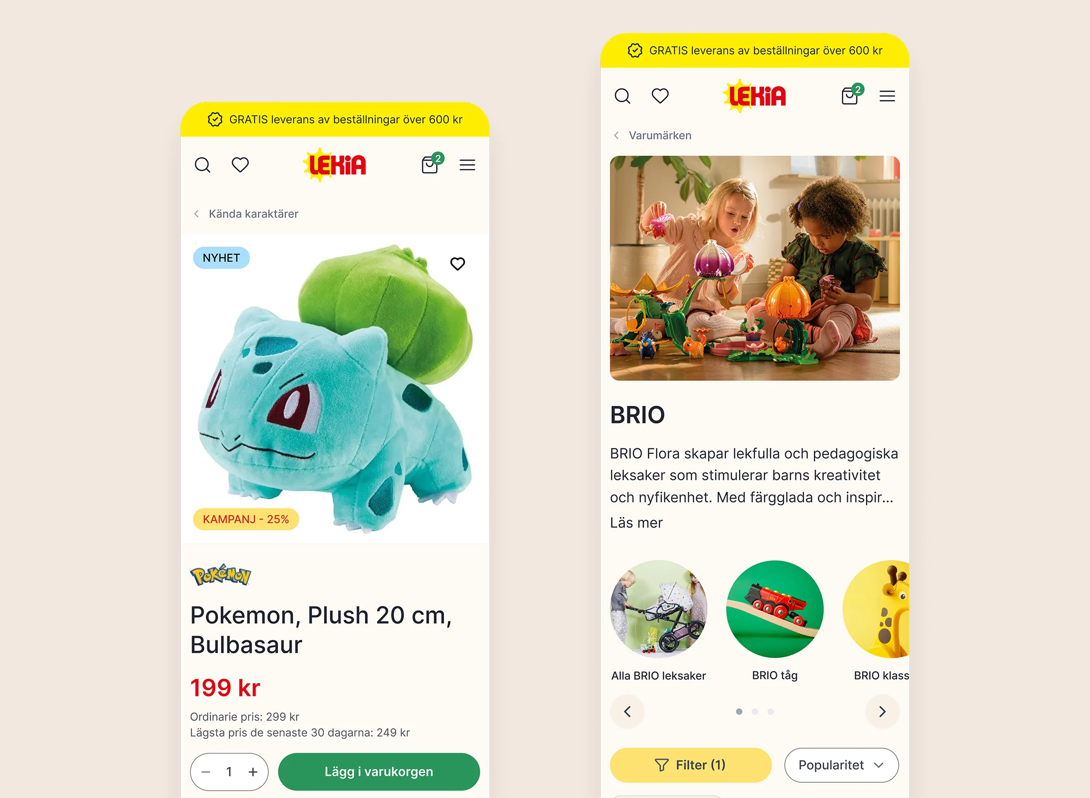 Two mobile screens from Lekia website showing a Bulbasaur plush toy priced at 199 kr and a BRIO toy brand page with children playing with colorful toys.